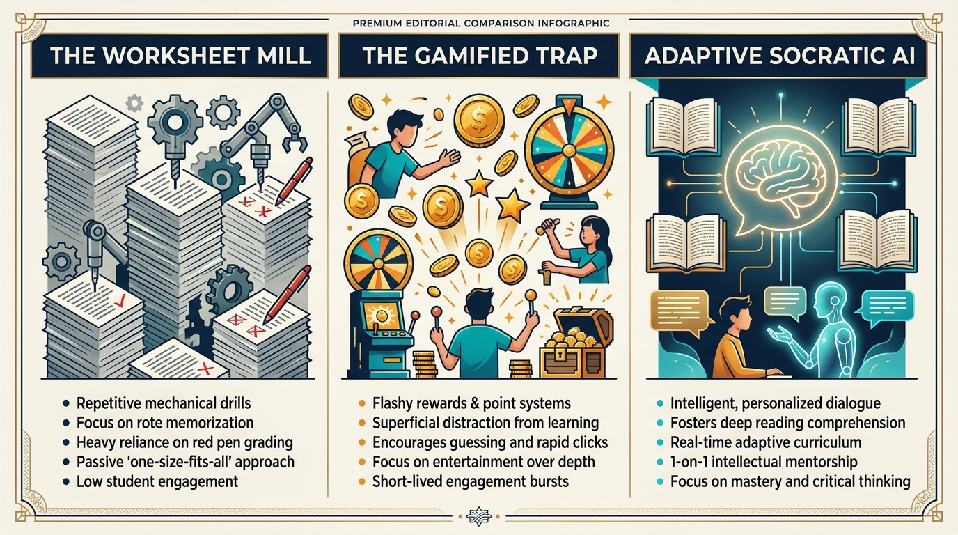 Comparison of the Three Learning Paradigms: The Worksheet Mill, The Gamified Trap, and Adaptive Socratic AI