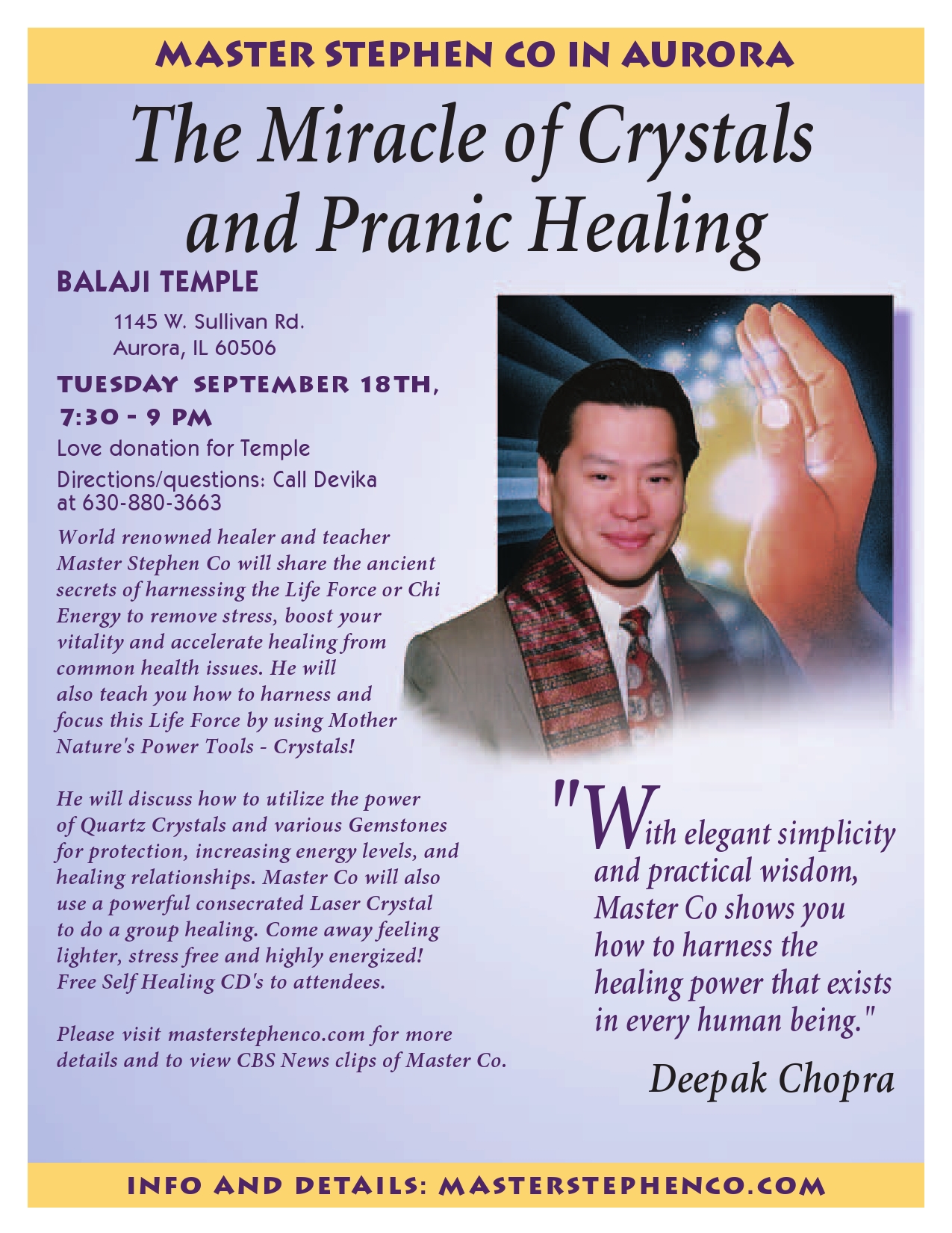 Meet Master Stephen Co,One Of Only Two Certified Master Pranic Healers In The World,in Aurora,IL